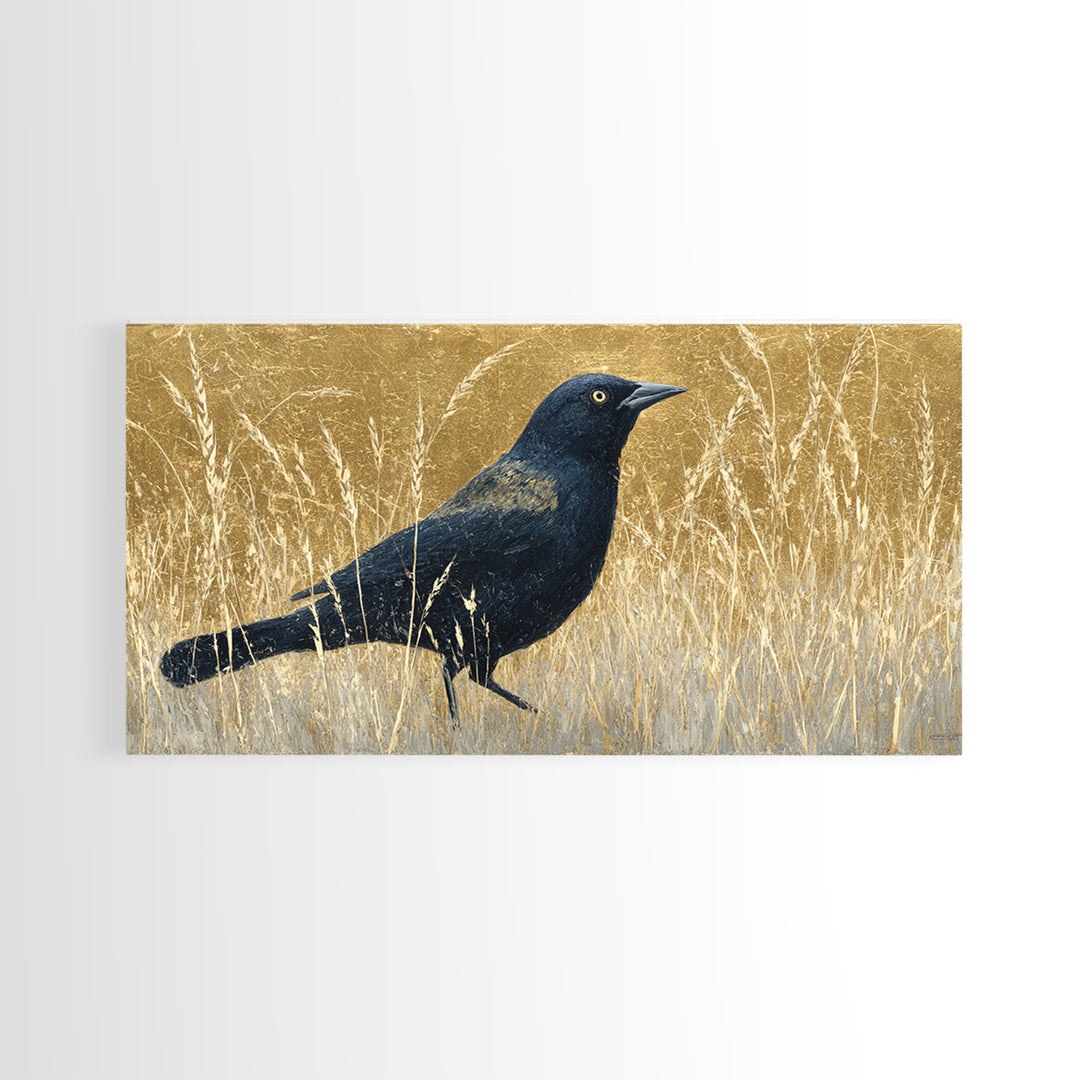 Blackbird on Gold Wheat Field Framed Canvas Print, Bird Art, Statement Artwork, Living Room Decor, Flight, Digital Prints, BIR-2x1-20