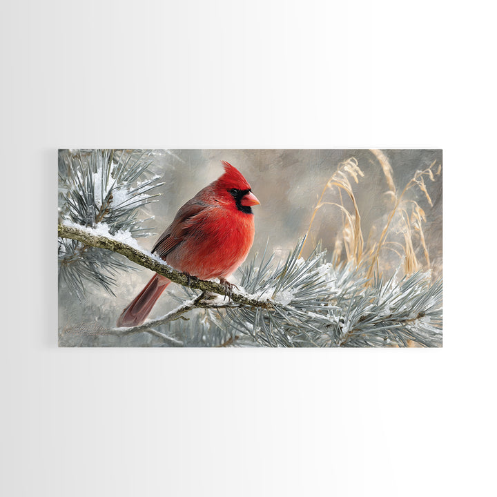 Red Cardinal on Snowy Pine Branch Canvas Print, Bird Art, Wall Art, Living Room Decor, Fine Art, Flight, Japanese Wall Art, BIR-2x1-21