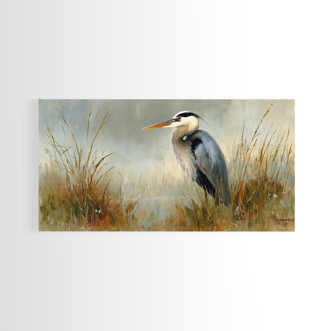 Blue Heron in Misty Marsh Grass Canvas Print, Bird Art, Boho Decor, Living Room Decor, Fine Art, Flight, Printable Wall Art, BIR-2x1-22