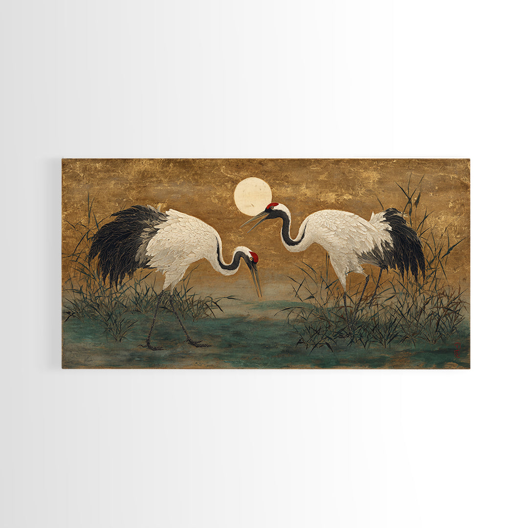 Pair of Cranes Dancing Framed Canvas Print, Bird Art, Art Deco, Living Room Decor, Watercolor Art, Flight, Gallery Wall, BIR-2x1-23