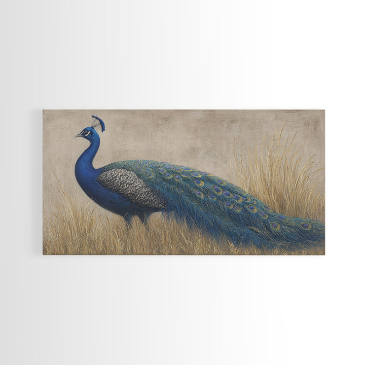 Peacock with Jewel Tone Feather Pattern Framed Canvas Print, Bird Art, Fine Art Print, Living Room Decor, Oil Painting, Flight, BIR-2x1-27