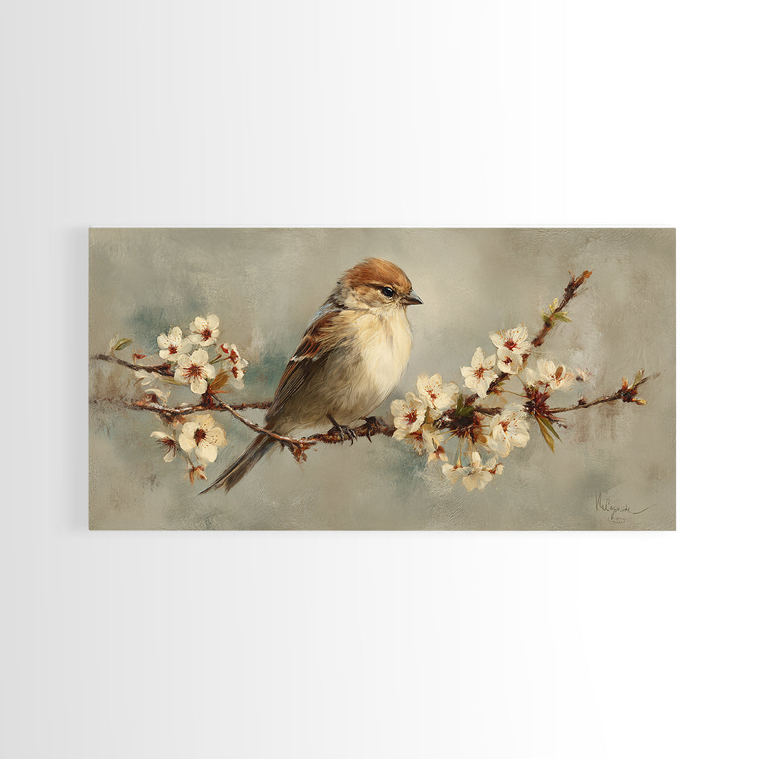Songbird Perched on Cherry Blossoms Framed Canvas Print, Bird Art, Minimalist Decor, Living Room Decor, Fine Art, Flight, BIR-2x1-28