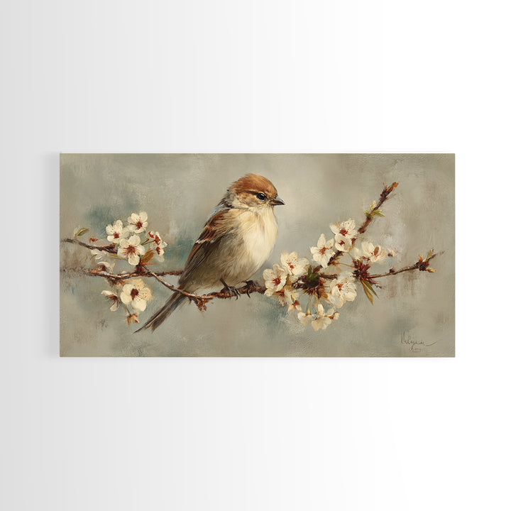 Songbird Perched on Cherry Blossoms Framed Canvas Print, Bird Art, Minimalist Decor, Living Room Decor, Fine Art, Flight, BIR-2x1-28