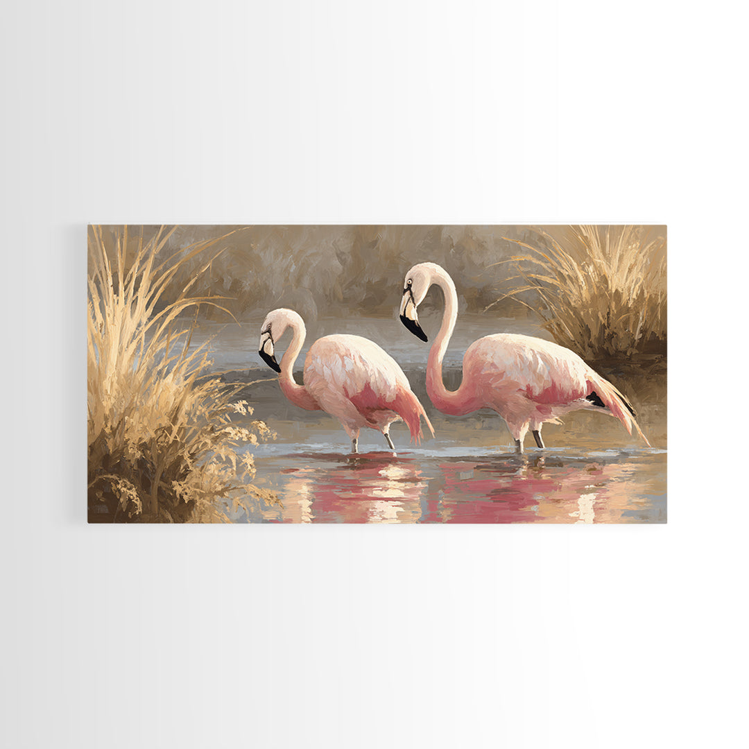 Flamingo Pair in Coral Water Reflections Framed Canvas Print, Bird Art, Luxury Decor, Living Room Decor, Fine Art, Flight, BIR-2x1-30