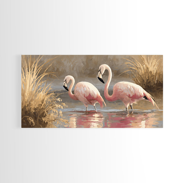 Flamingo Pair in Coral Water Reflections Framed Canvas Print, Bird Art, Luxury Decor, Living Room Decor, Fine Art, Flight, BIR-2x1-30