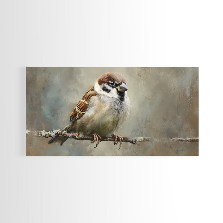 Small Sparrow on Wildflower Stem Framed Canvas Print, Bird Art, Art Print, Living Room Decor, Watercolor Art, Flight, BIR-2x1-34