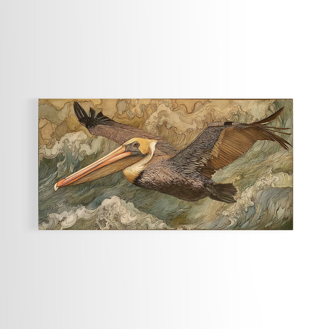 Pelican Flying over Coastal Waves Framed Canvas Print, Bird Art, Fine Art Print, Living Room Decor, Watercolor Art, Flight, BIR-2x1-38