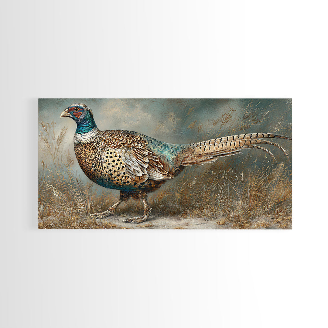 Pheasant with Ornate Feather Details Canvas Print, Bird Art, Printable Wall Art, Living Room Decor, Oil Painting, Flight, BIR-2x1-39