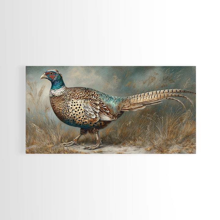 Pheasant with Ornate Feather Details Canvas Print, Bird Art, Printable Wall Art, Living Room Decor, Oil Painting, Flight, BIR-2x1-39