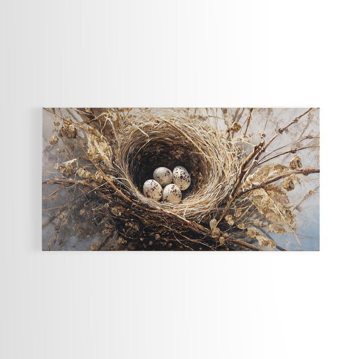 Bird Nest with Eggs and Delicate Twigs Framed Canvas Print, Bird Art, Statement Artwork, Living Room Decor, Fine Art, Flight, BIR-2x1-42