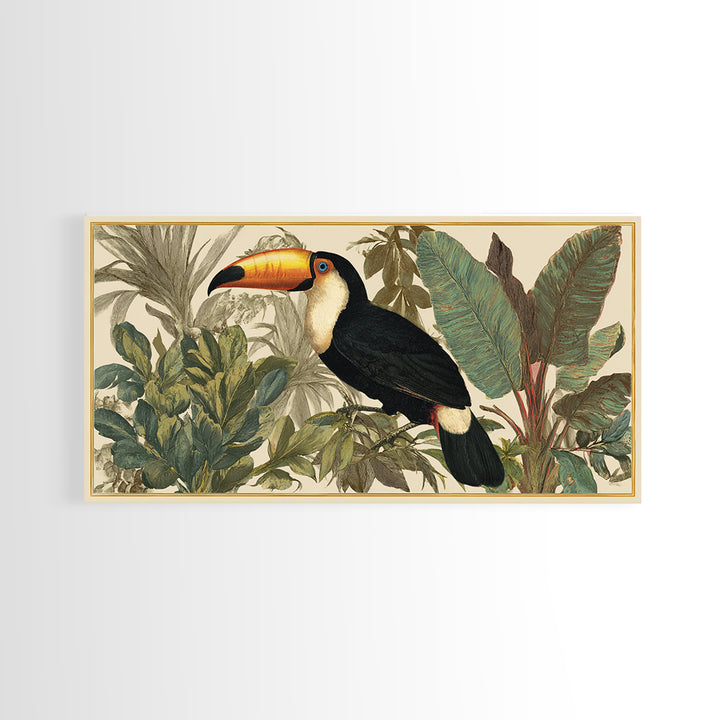 Toucan Framed by Bold Jungle Foliage Framed Canvas Print, Bird Art, Mid Century Modern, Living Room Decor, Fine Art, Flight, BIR-2x1-43