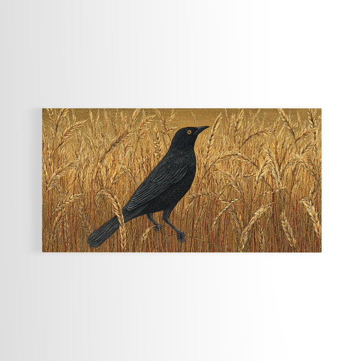 Blackbird on Gold Wheat Field Canvas Print, Bird Art, Textured Painting, Living Room Decor, Abstract Art, Flight, Printable Art, BIR-2x1-44