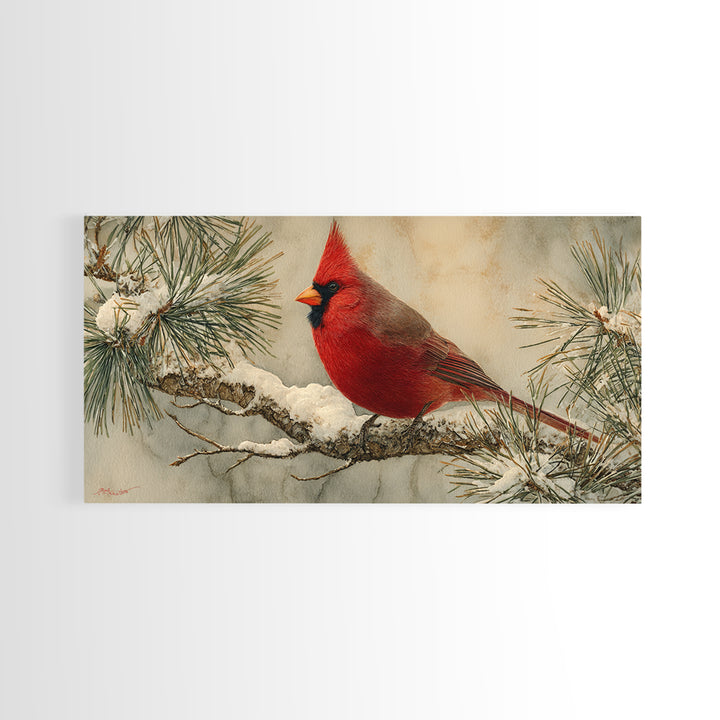 Red Cardinal on Snowy Pine Branch Framed Canvas Print, Bird Art, Art Deco, Living Room Decor, Oil Painting, Flight, BIR-2x1-45