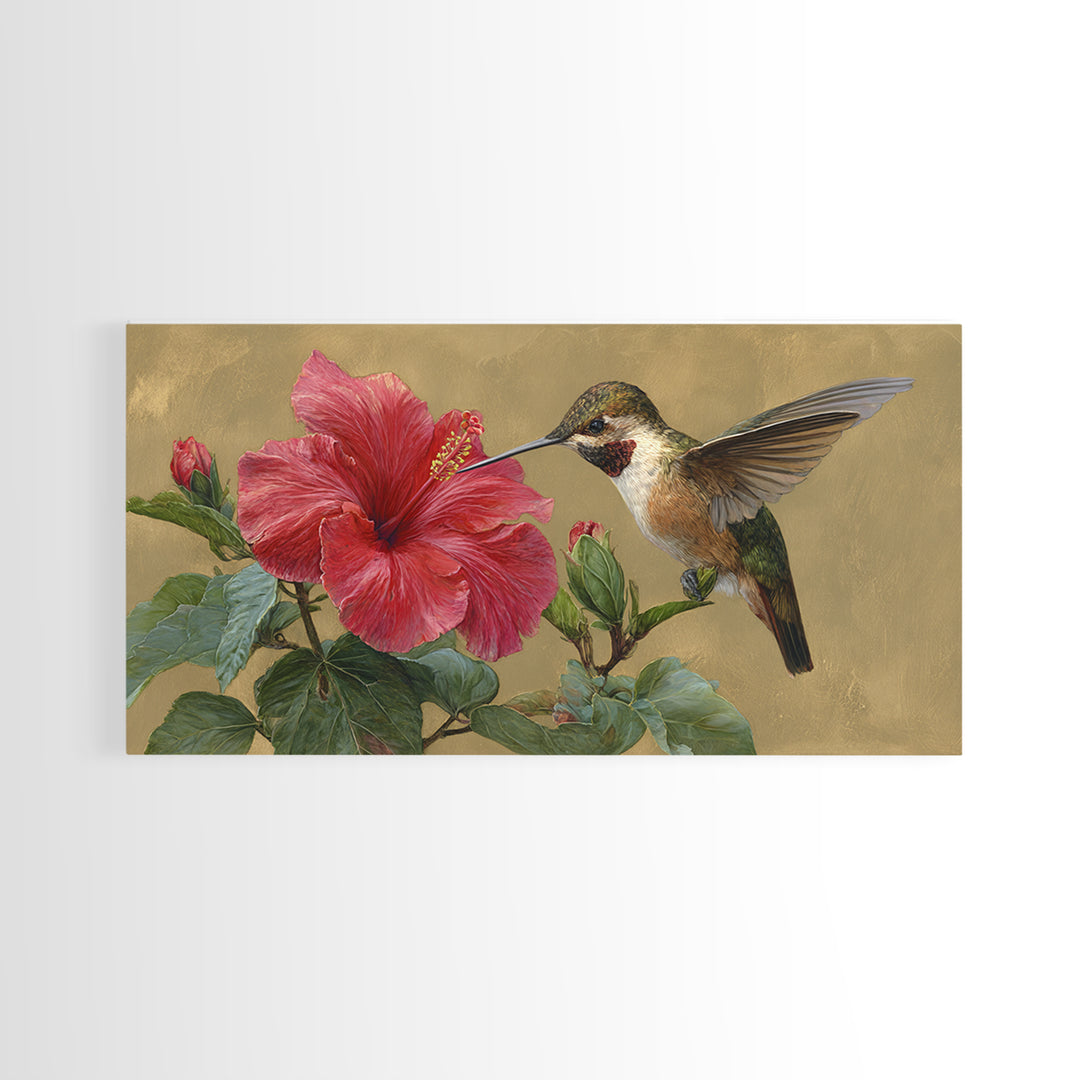 Hummingbird Hovering Beside Bright Hibiscus Canvas Print, Bird Art, Digital Prints, Living Room Decor, Fine Art, Flight, BIR-2x1-48