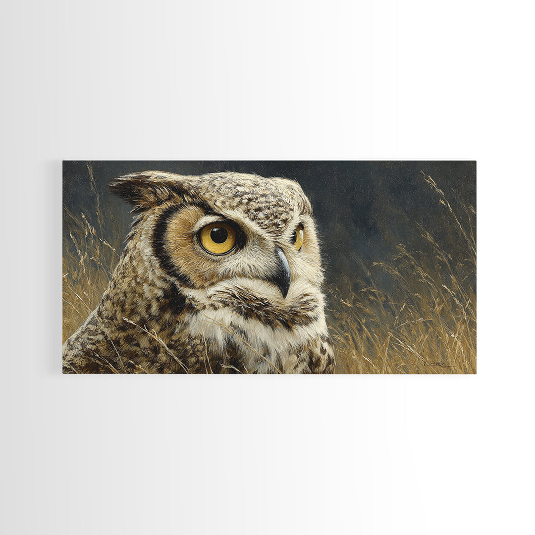 Owl Portrait with Wise Golden Eyes Canvas Print, Bird Art, Original Art, Living Room Decor, Fine Art, Flight, Mcm Decor, BIR-2x1-49