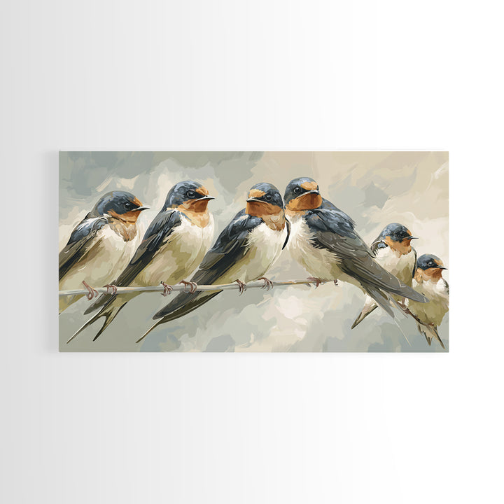 Flock of Swallows Sweeping Across Open Sky Framed Canvas Print, Bird Art, Minimalist Decor, Living Room Decor, Fine Art, Flight, BIR-2x1-50