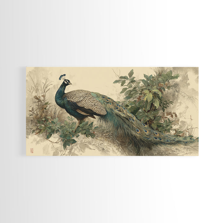 Peacock with Jewel Tone Feather Pattern Framed Canvas Print, Bird Art, Japanese Wall Art, Living Room Decor, Watercolor Art, BIR-2x1-51