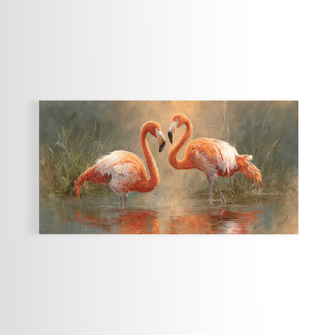 Flamingo Pair in Coral Water Reflections Canvas Print, Bird Art, Contemporary Art, Living Room Decor, Fine Art, Flight, BIR-2x1-54