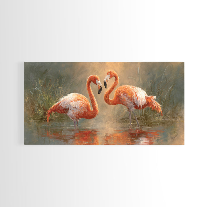 Flamingo Pair in Coral Water Reflections Canvas Print, Bird Art, Contemporary Art, Living Room Decor, Fine Art, Flight, BIR-2x1-54