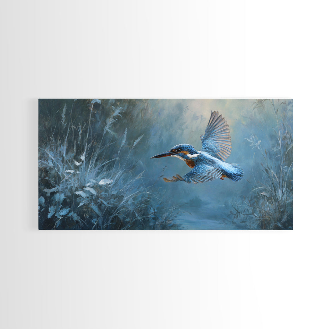 Kingfisher Diving Toward Blue Water Framed Canvas Print, Bird Art, Modern Wall Art, Living Room Decor, Fine Art, Flight, BIR-2x1-55