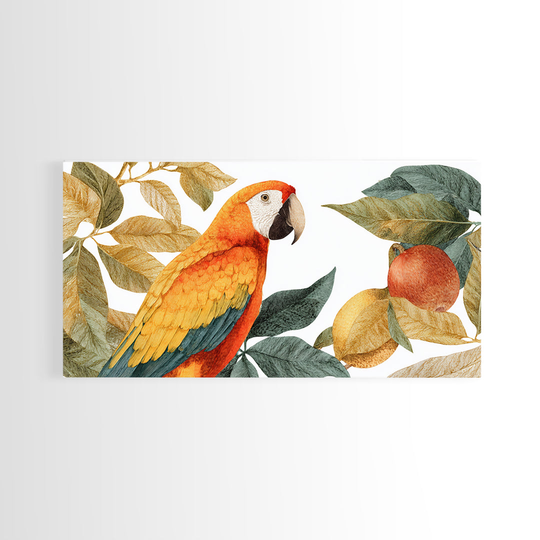 Parrot Among Tropical Leaves and Fruit Canvas Print, Bird Art, Digital Prints, Living Room Decor, Fine Art, Flight, Modern Art, BIR-2x1-57