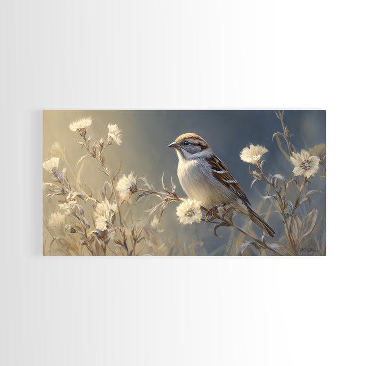 Small Sparrow on Wildflower Stem Canvas Print, Bird Art, Wall Art, Living Room Decor, Watercolor Art, Flight, Japanese Wall Art, BIR-2x1-58