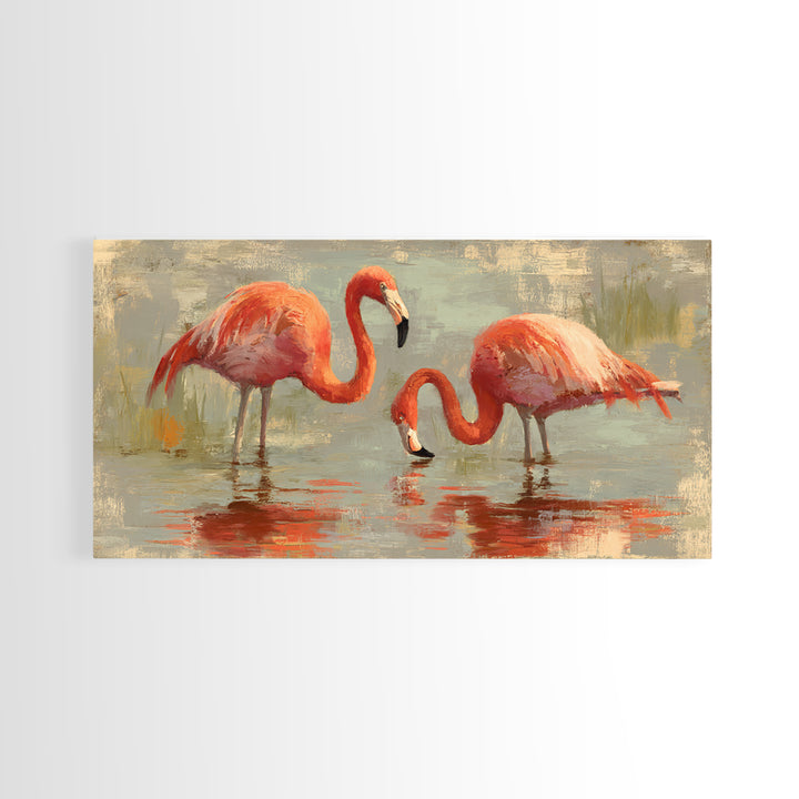 Flamingo Pair in Coral Water Reflections Framed Canvas Print, Bird Art, Luxury Decor, Living Room Decor, Fine Art, Flight, BIR-2x1-6