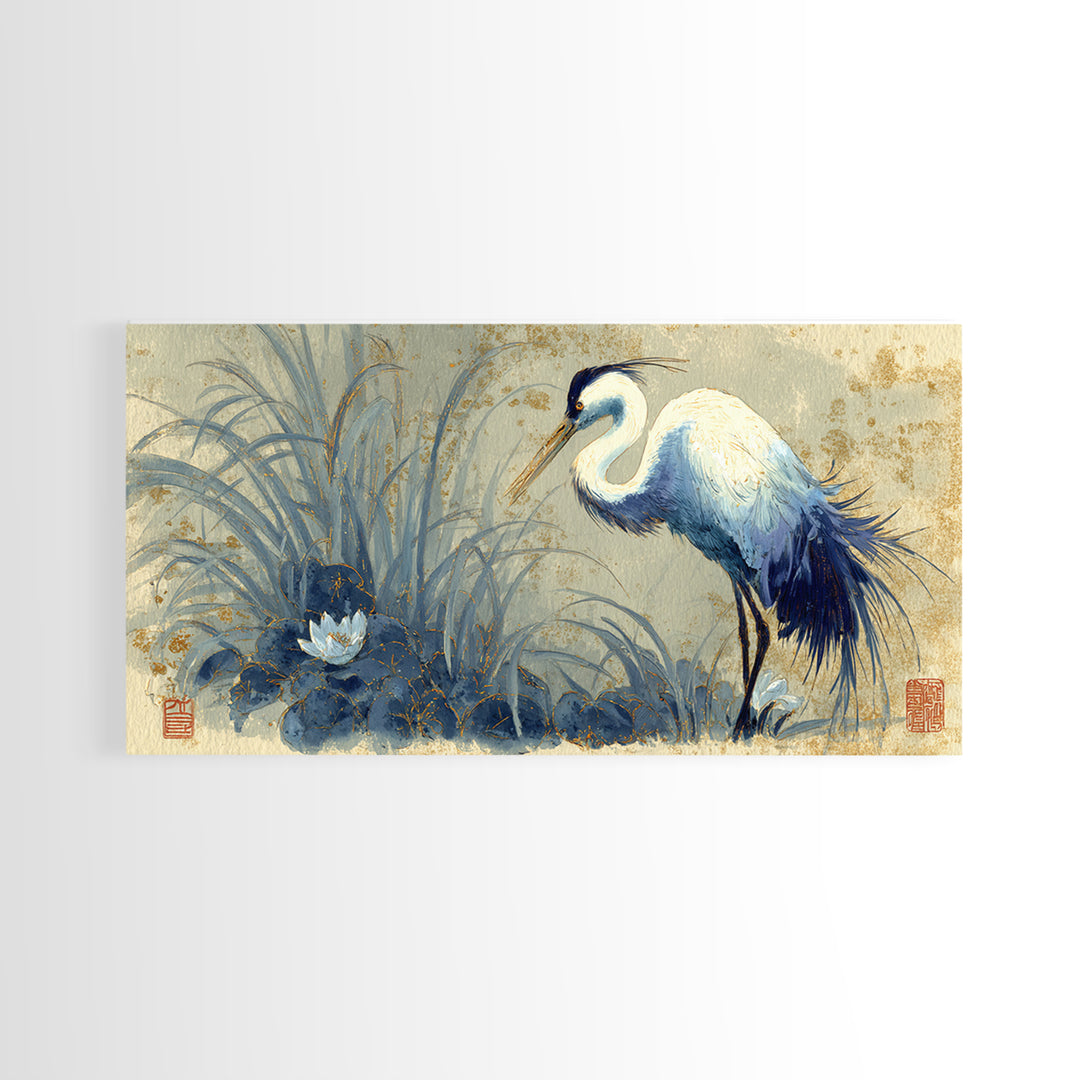 Crane and Lotus Composition Canvas Print, Bird Art, Printable Wall Art, Living Room Decor, Fine Art, Flight, Modern Art, BIR-2x1-61