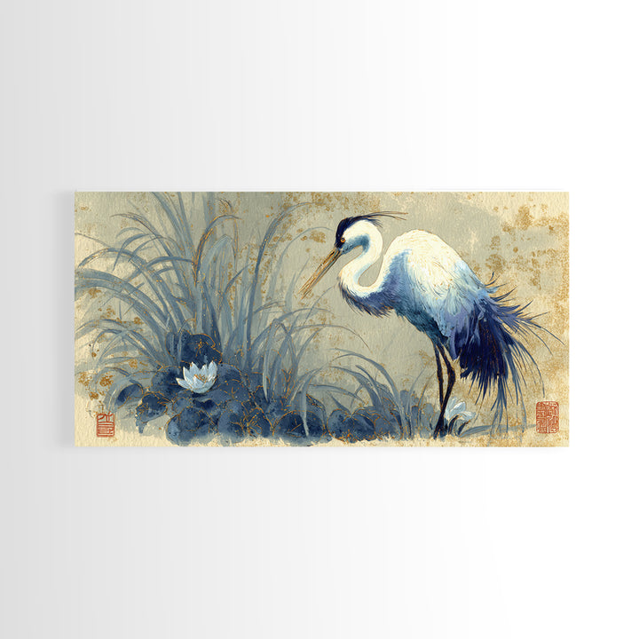 Crane and Lotus Composition Canvas Print, Bird Art, Printable Wall Art, Living Room Decor, Fine Art, Flight, Modern Art, BIR-2x1-61