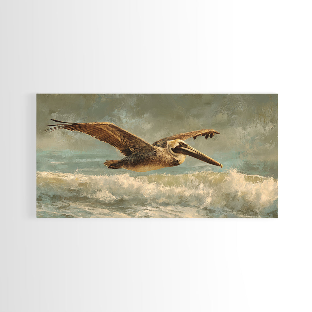 Pelican Flying over Coastal Waves Canvas Print, Bird Art, Room Decor, Living Room Decor, Oil Painting, Flight, Digital Print, BIR-2x1-62