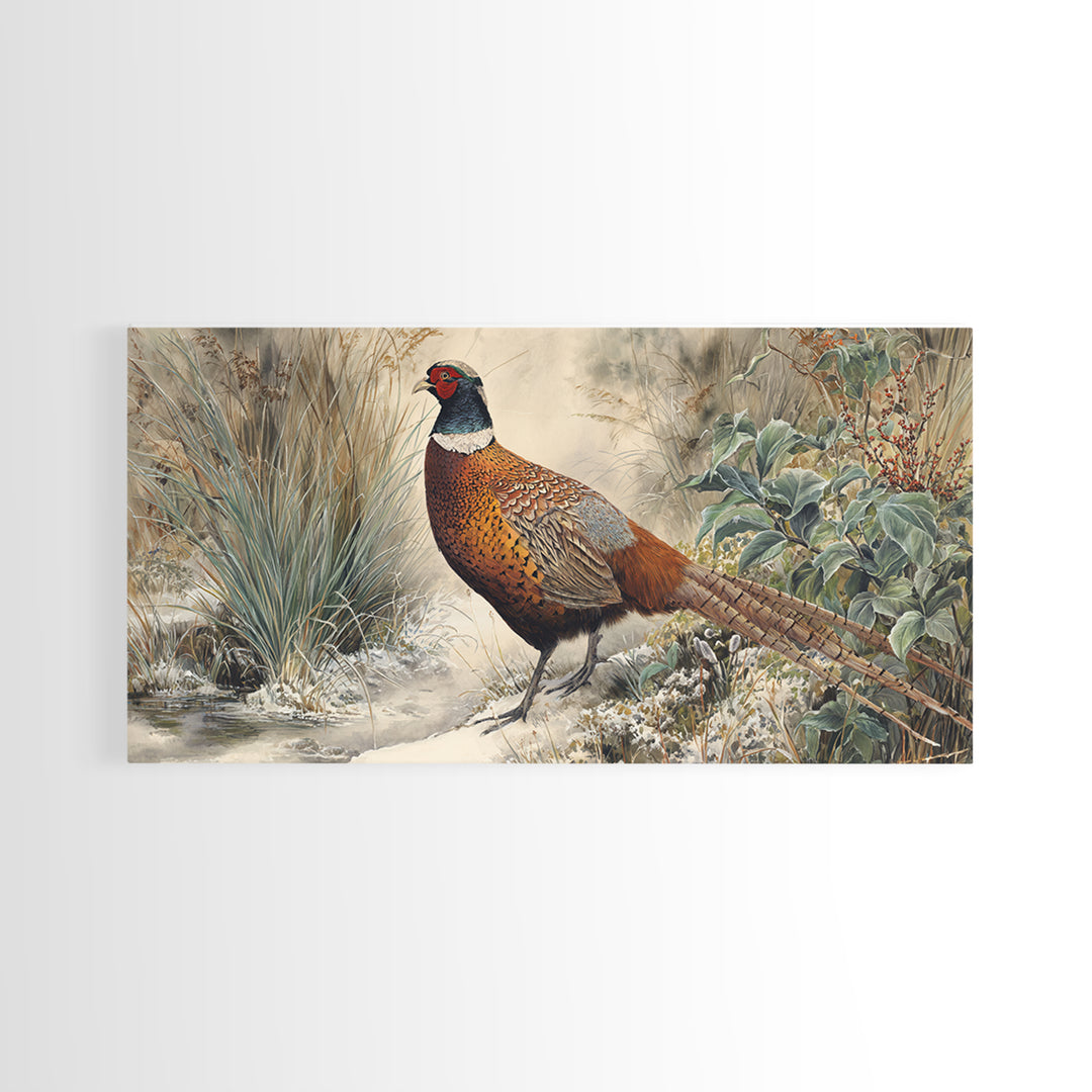 Pheasant with Ornate Feather Details Canvas Print, Bird Art, Living Room Decor, Fine Art, Flight, Rustic Home Decor, Floral Art, BIR-2x1-63