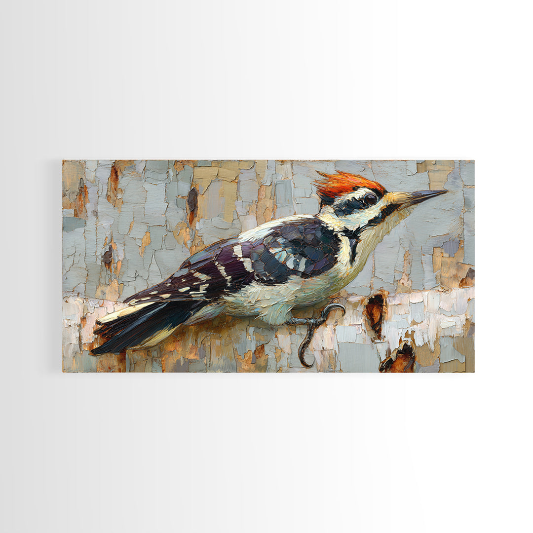 Woodpecker on Birch Bark Texture Framed Canvas Print, Bird Art, Mid Century Modern, Living Room Decor, Abstract Art, Flight, BIR-2x1-65