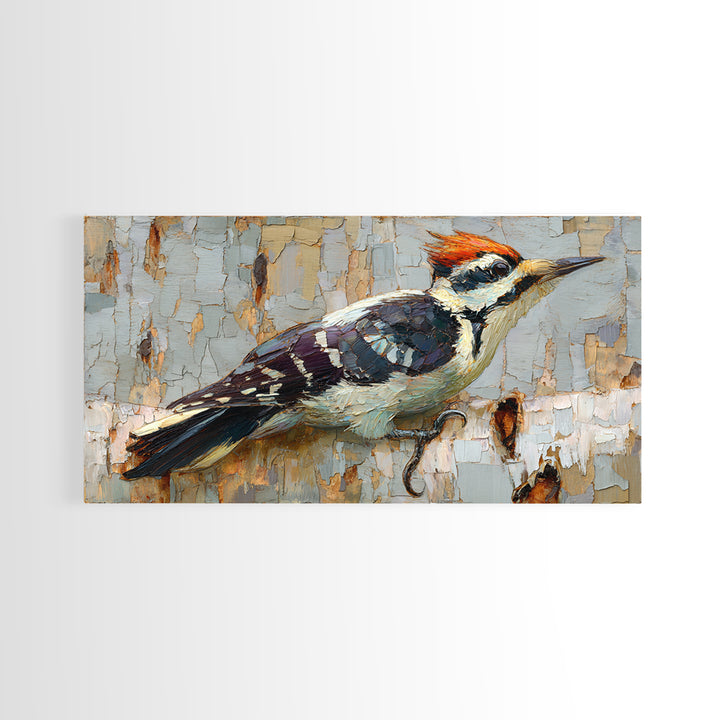 Woodpecker on Birch Bark Texture Framed Canvas Print, Bird Art, Mid Century Modern, Living Room Decor, Abstract Art, Flight, BIR-2x1-65