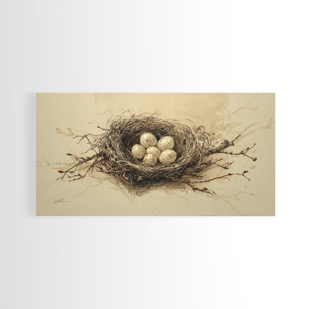 Bird Nest with Eggs and Delicate Twigs Canvas Print, Bird Art, Textured Painting, Living Room Decor, Watercolor Art, Flight, BIR-2x1-66