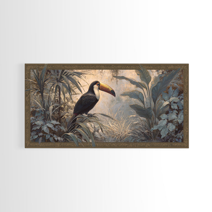 Toucan Framed by Bold Jungle Foliage Framed Canvas Print, Bird Art, Rustic Home Decor, Living Room Decor, Fine Art, Flight, BIR-2x1-67