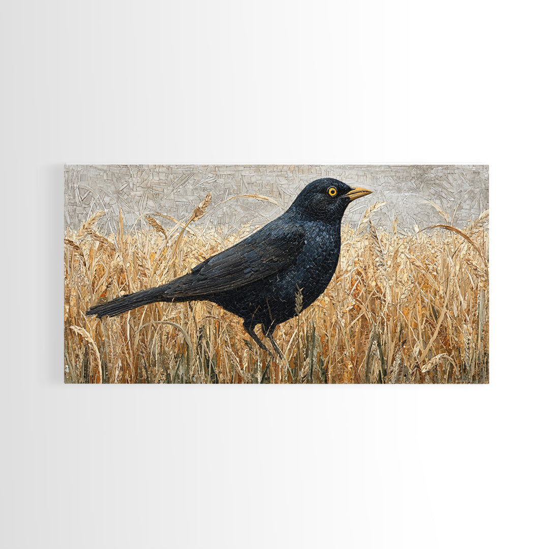 Blackbird on Gold Wheat Field Canvas Print, Bird Art, Digital Print, Living Room Decor, Watercolor Art, Flight, Bird Prints, BIR-2x1-68