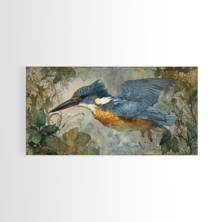 Kingfisher Diving Toward Blue Water Framed Canvas Print, Bird Art, Wall Decor, Living Room Decor, Flight, Boho Wall Decor, BIR-2x1-7