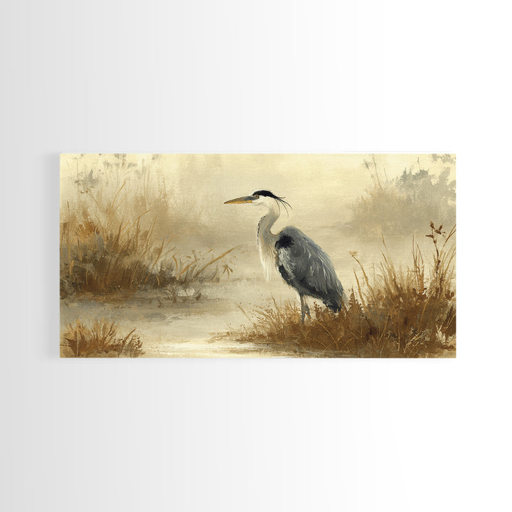 Blue Heron in Misty Marsh Grass Canvas Print, Bird Art, Digital Prints, Living Room Decor, Fine Art, Flight, Modern Art, BIR-2x1-70