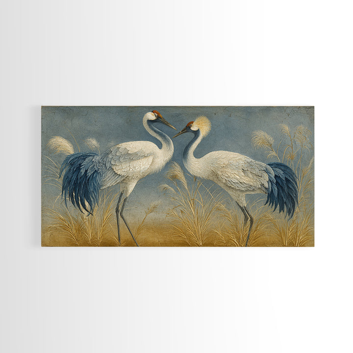 Pair of Cranes Dancing Canvas Print, Bird Art, Nature Prints, Living Room Decor, Abstract Art, Flight, Boho Decor, BIR-2x1-71