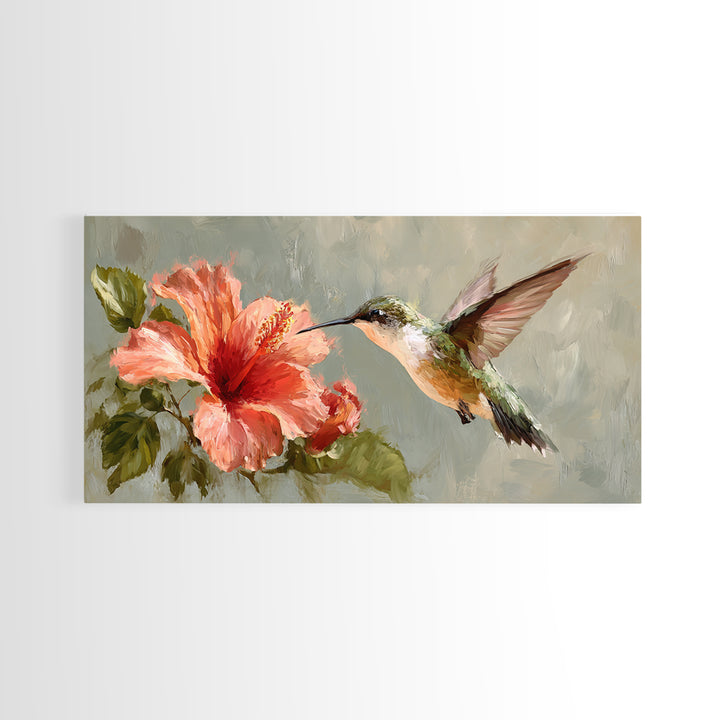 Hummingbird Hovering Beside Bright Hibiscus Framed Canvas Print, Bird Art, Printable Art, Living Room Decor, Fine Art, Flight, BIR-2x1-72