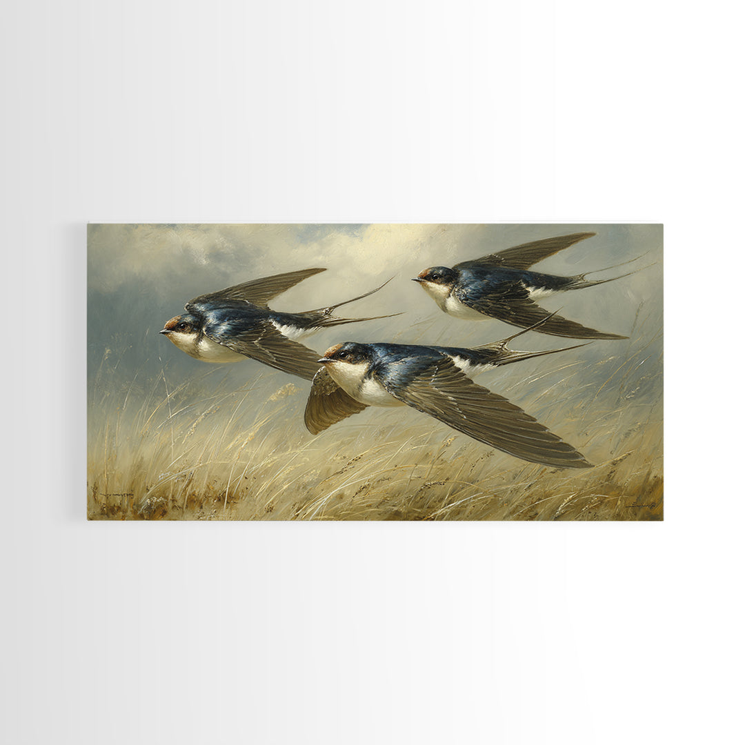 Flock of Swallows Sweeping Across Open Sky Canvas Print, Bird Art, Living Room Decor, Watercolor Art, Flight, BIR-2x1-74