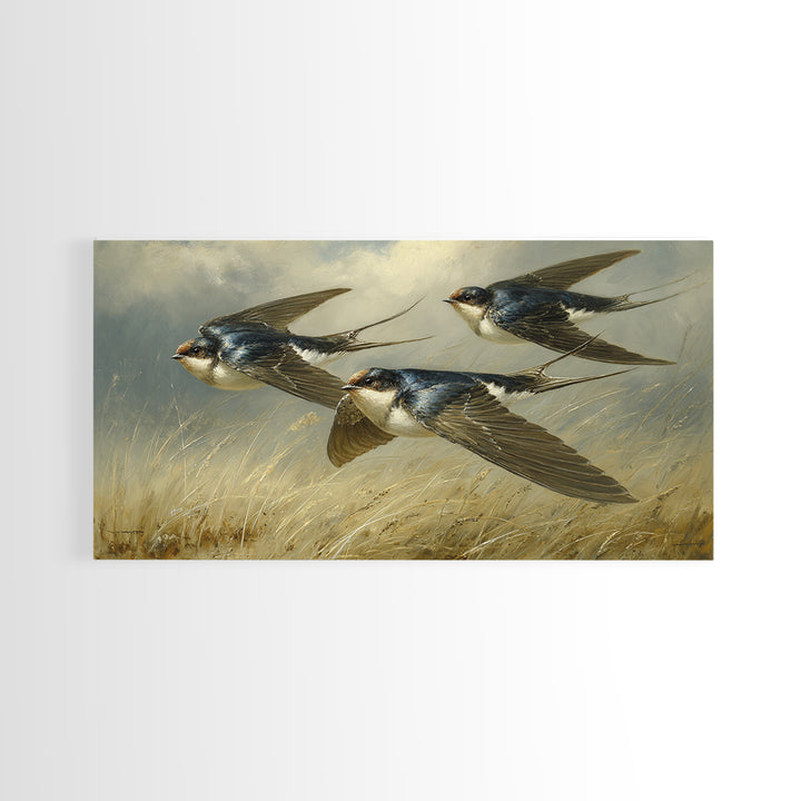 Flock of Swallows Sweeping Across Open Sky Canvas Print, Bird Art, Living Room Decor, Watercolor Art, Flight, BIR-2x1-74