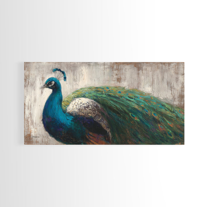Peacock with Jewel Tone Feather Pattern Framed Canvas Print, Bird Art, Boho Decor, Living Room Decor, Fine Art, Flight, BIR-2x1-75