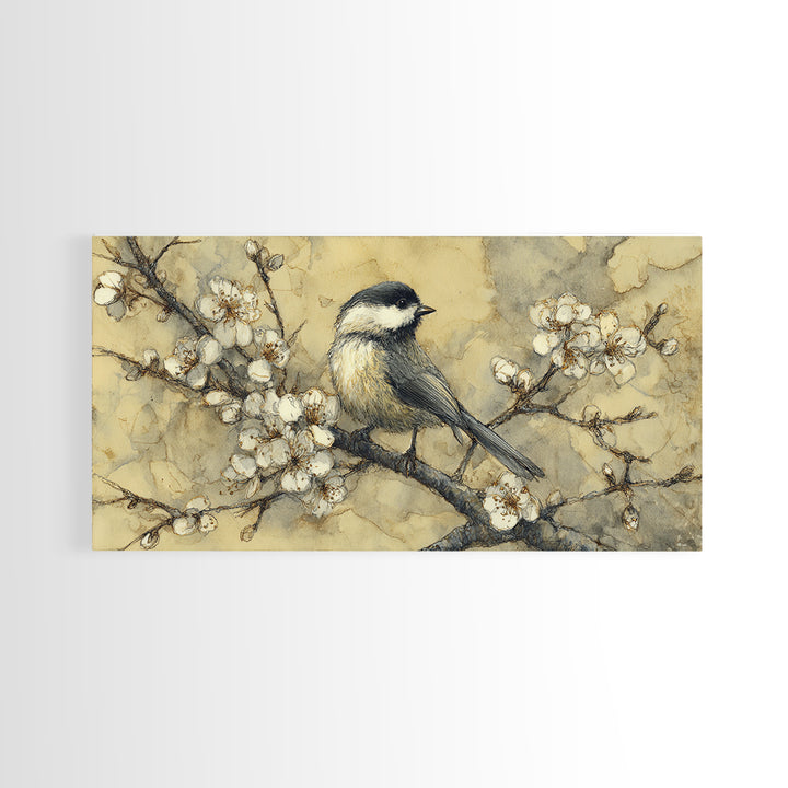 Songbird Perched on Cherry Blossoms Canvas Print, Bird Art, Living Room Decor, Fine Art, Flight, Rustic Home Decor, Floral Art, BIR-2x1-76