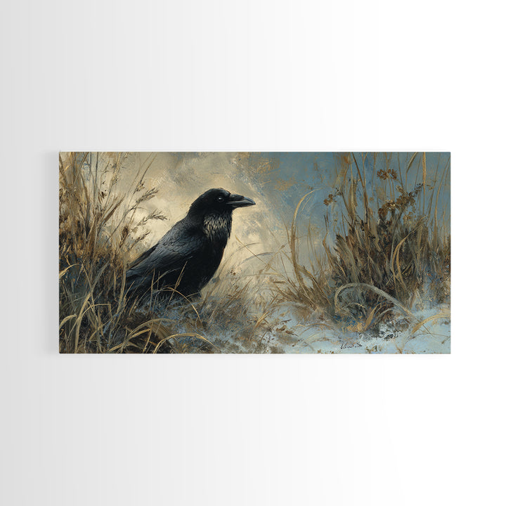 Raven Silhouette with Gothic Atmosphere Canvas Print, Bird Art, Digital Print, Living Room Decor, Oil Painting, Flight, BIR-2x1-77