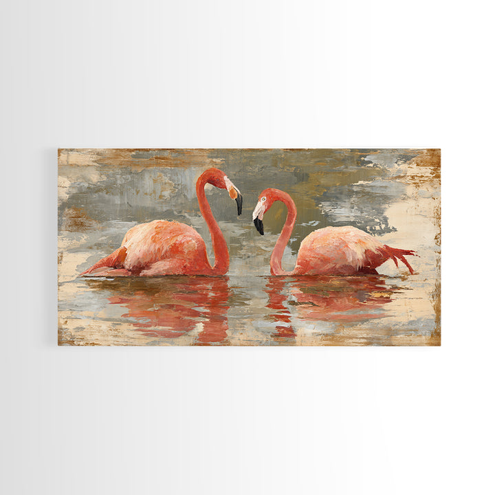 Flamingo Pair in Coral Water Reflections Canvas Print, Bird Art, Contemporary Art, Living Room Decor, Fine Art, Flight, BIR-2x1-78