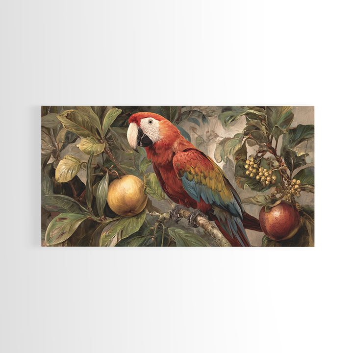 Parrot Among Tropical Leaves and Fruit Framed Canvas Print, Bird Art, Printable Art, Living Room Decor, Watercolor Art, Flight, BIR-2x1-81