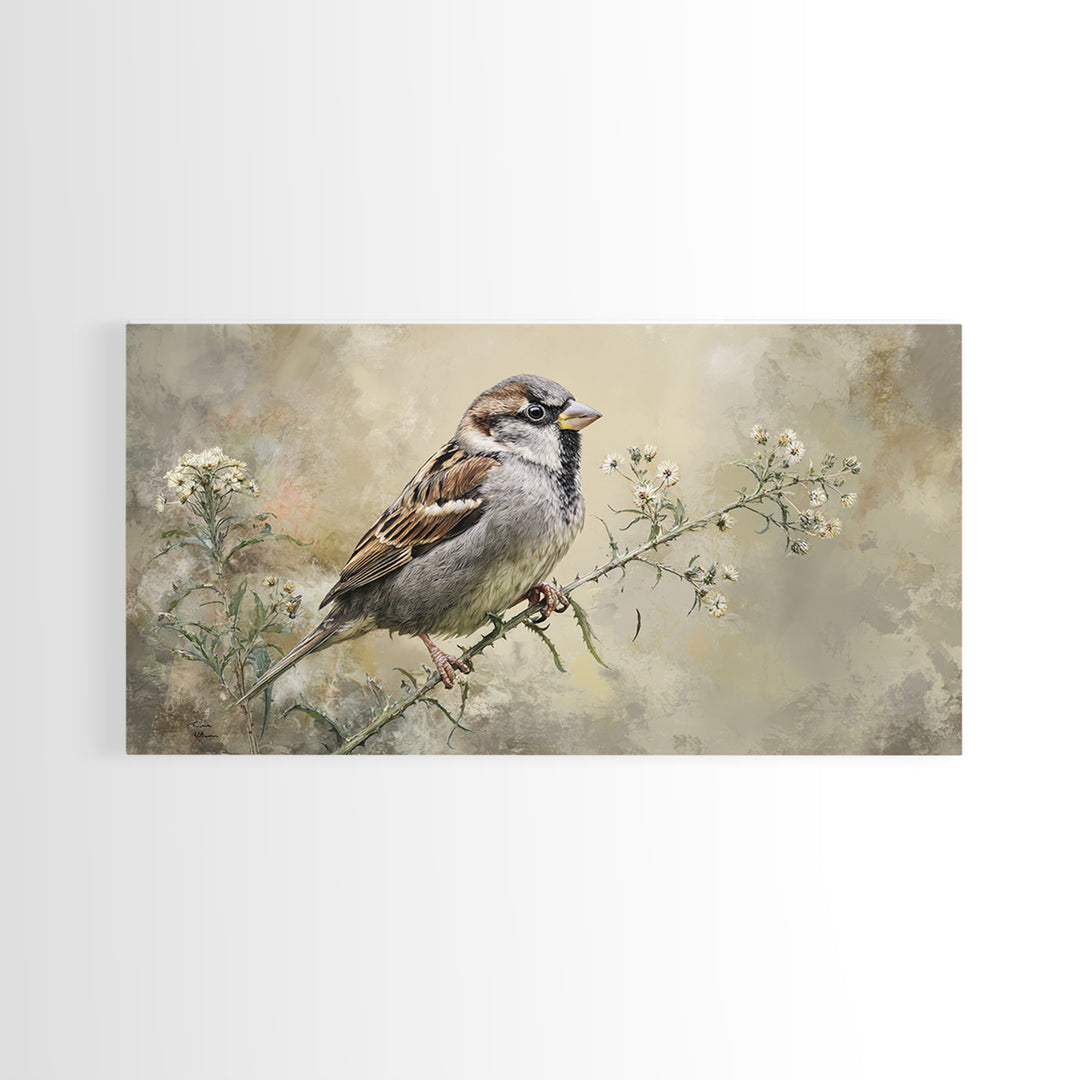 Small Sparrow on Wildflower Stem Canvas Print, Bird Art, Wall Art, Living Room Decor, Watercolor Art, Flight, Japanese Wall Art, BIR-2x1-82