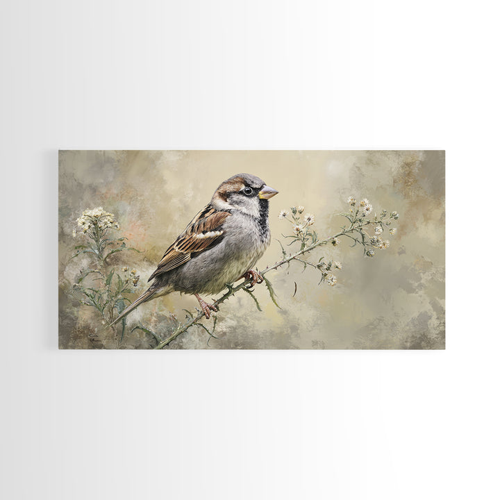 Small Sparrow on Wildflower Stem Canvas Print, Bird Art, Wall Art, Living Room Decor, Watercolor Art, Flight, Japanese Wall Art, BIR-2x1-82