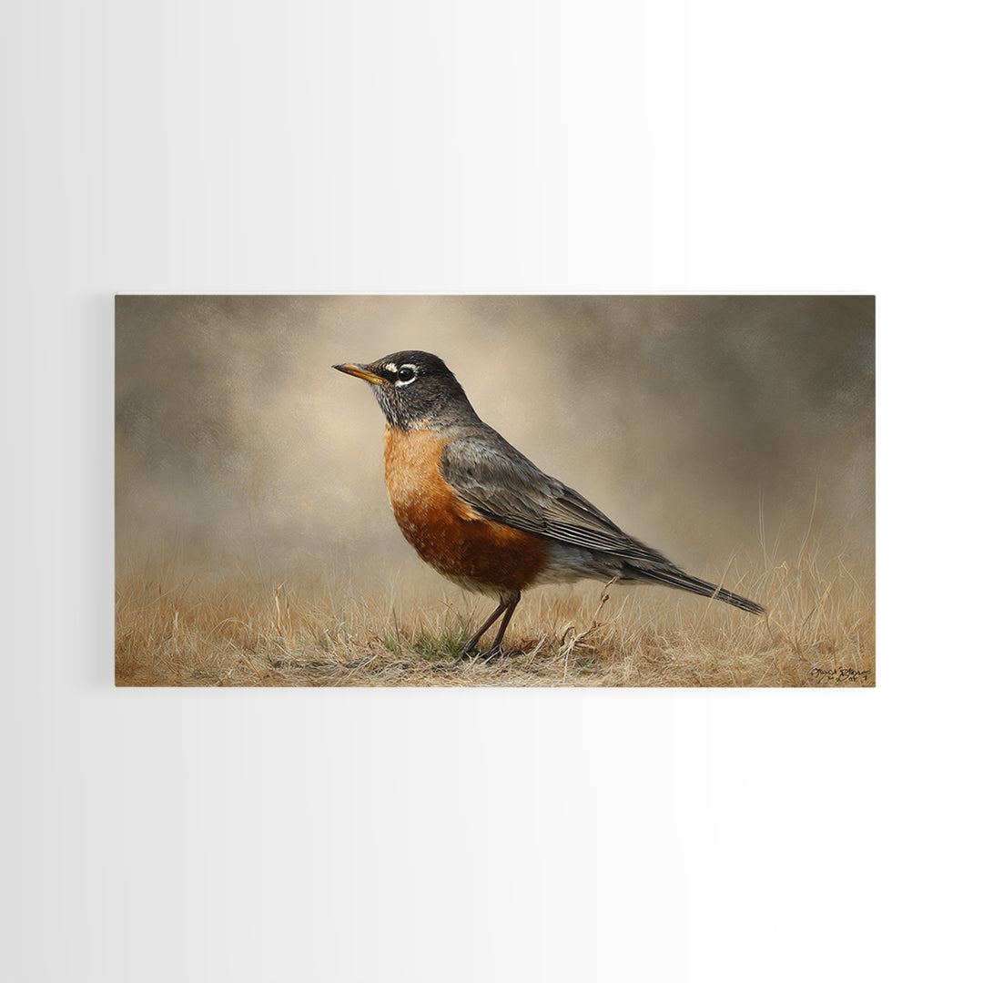 Robin in a Spring Garden with Soft Framed Canvas Print, Bird Art, Contemporary Art, Living Room Decor, Oil Painting, Flight, BIR-2x1-83
